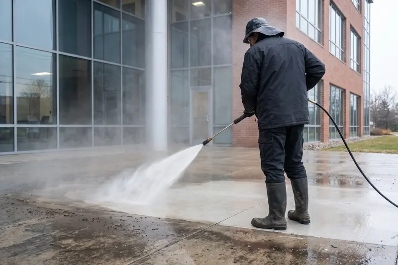 Technician pressure washing commercial concrete in Logan, UT