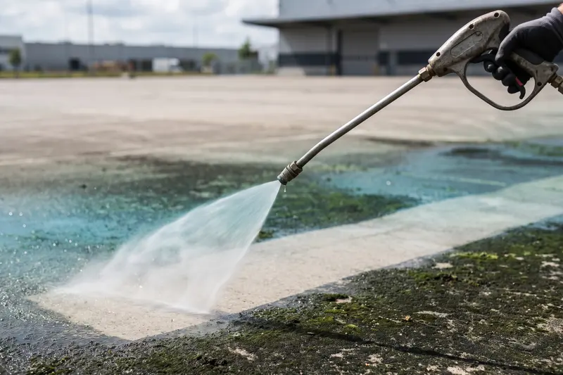 Concrete pressure washing at a commercial property in Logan, UT