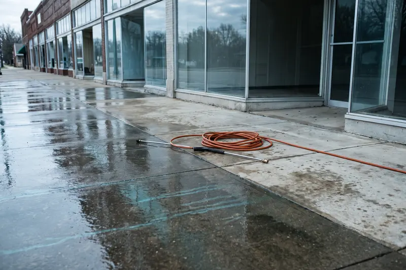 Sidewalk cleaning in progress outside a commercial building in Logan, UT
