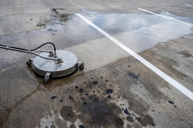 Parking stall cleaning with fresh striping visible at a commercial lot in Logan, UT