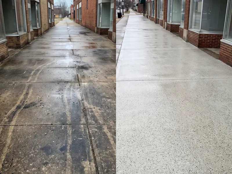 Before and after sidewalk cleaning outside a commercial building in Logan, UT